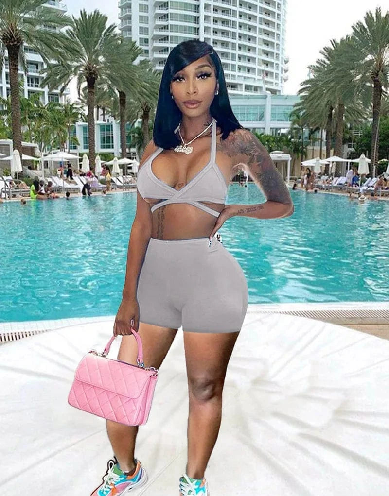 Sports Casual Camisole Slim Shorts Summer Two Piece Set Women Short Set Clothing Sexy Crop Tops Set Custom