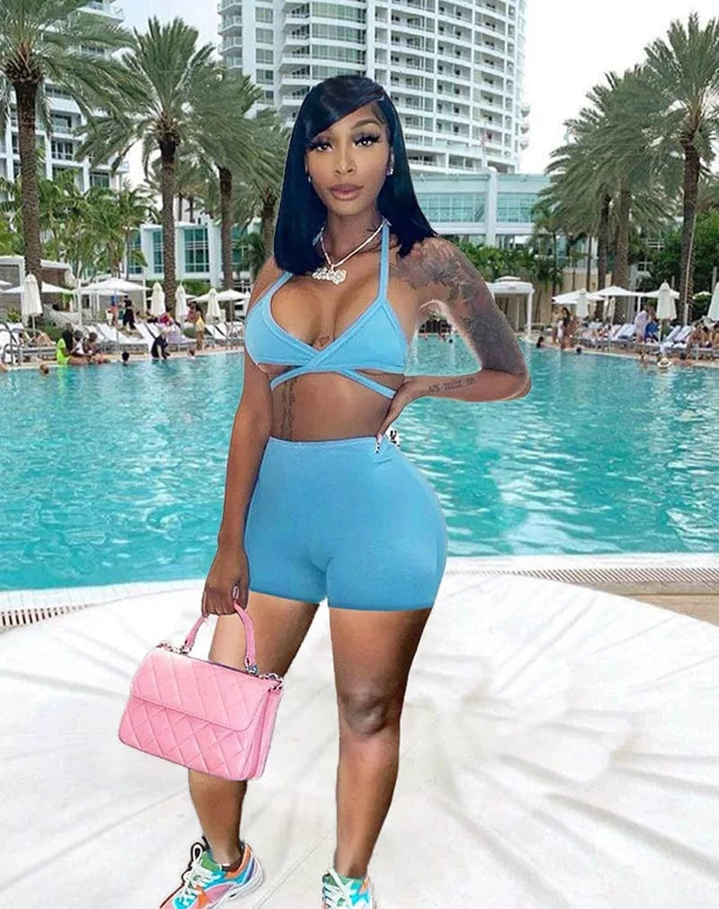 Sports Casual Camisole Slim Shorts Summer Two Piece Set Women Short Set Clothing Sexy Crop Tops Set Custom