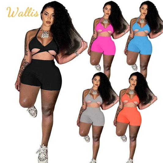 Sports Casual Camisole Slim Shorts Summer Two Piece Set Women Short Set Clothing Sexy Crop Tops Set Custom