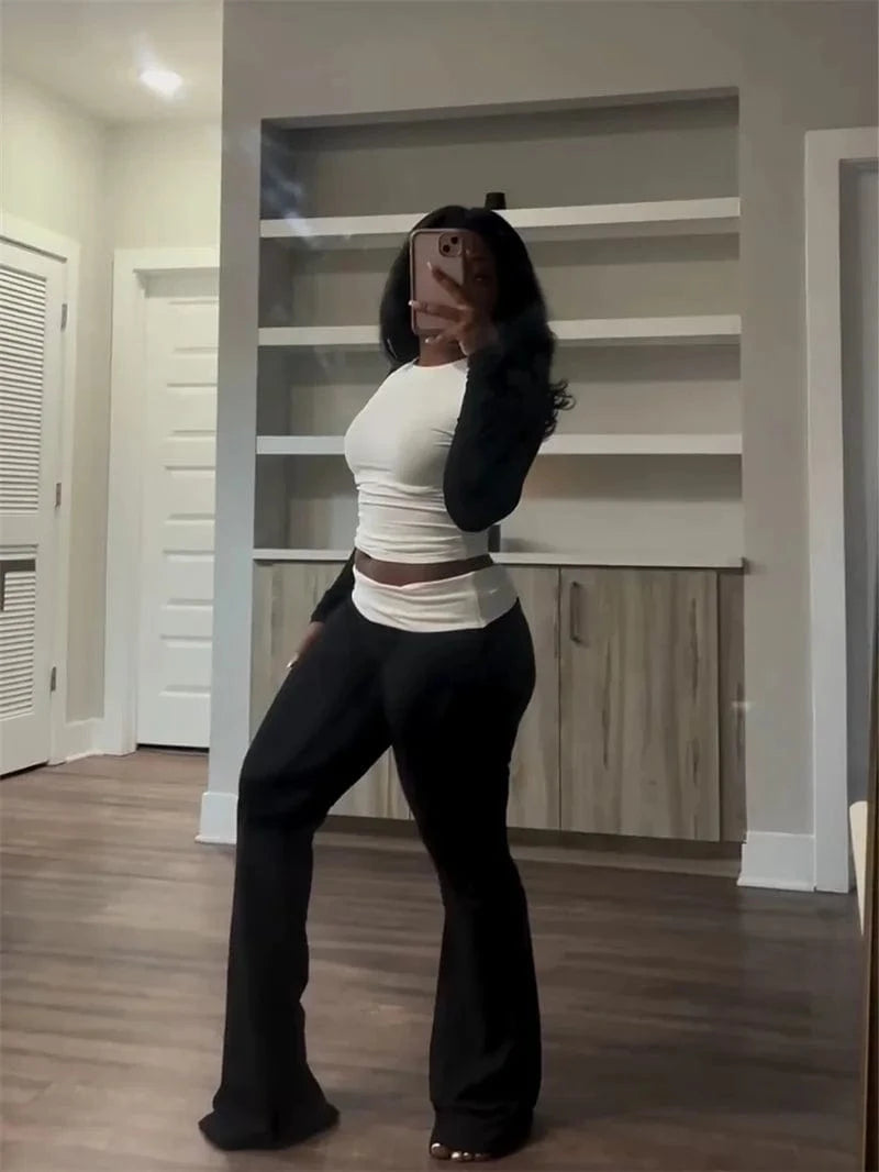 Sporty Casual Tracksuit Sets Womens Clothing 2 Pieces Set Active Wear Long Sleeve Top and Flare Pants Joggers Workout Sweatsuits