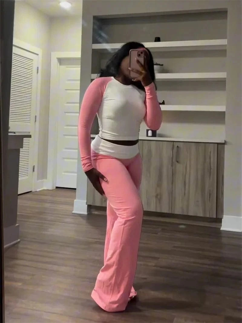 Sporty Casual Tracksuit Sets Womens Clothing 2 Pieces Set Active Wear Long Sleeve Top and Flare Pants Joggers Workout Sweatsuits