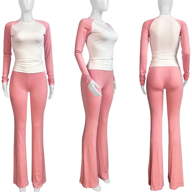 Sporty Casual Tracksuit Sets Womens Clothing 2 Pieces Set Active Wear Long Sleeve Top and Flare Pants Joggers Workout Sweatsuits