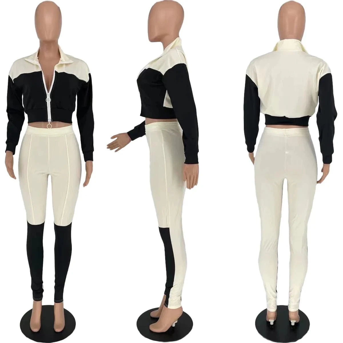 Spring 2023 Women s Clothing Zip Up Crop Jogger Set Color Block Jogging Suit Set Tracksuits for Women