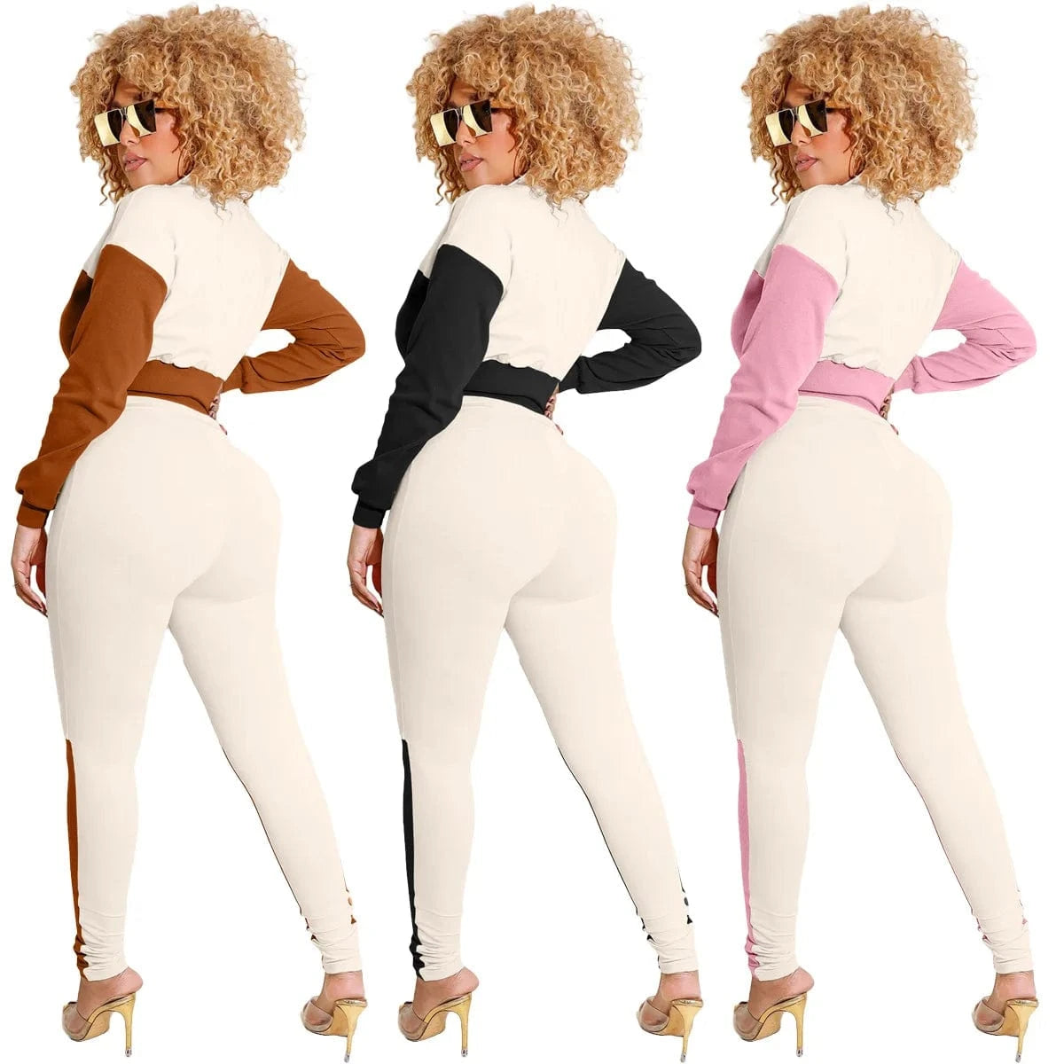 Spring 2023 Women s Clothing Zip Up Crop Jogger Set Color Block Jogging Suit Set Tracksuits for Women