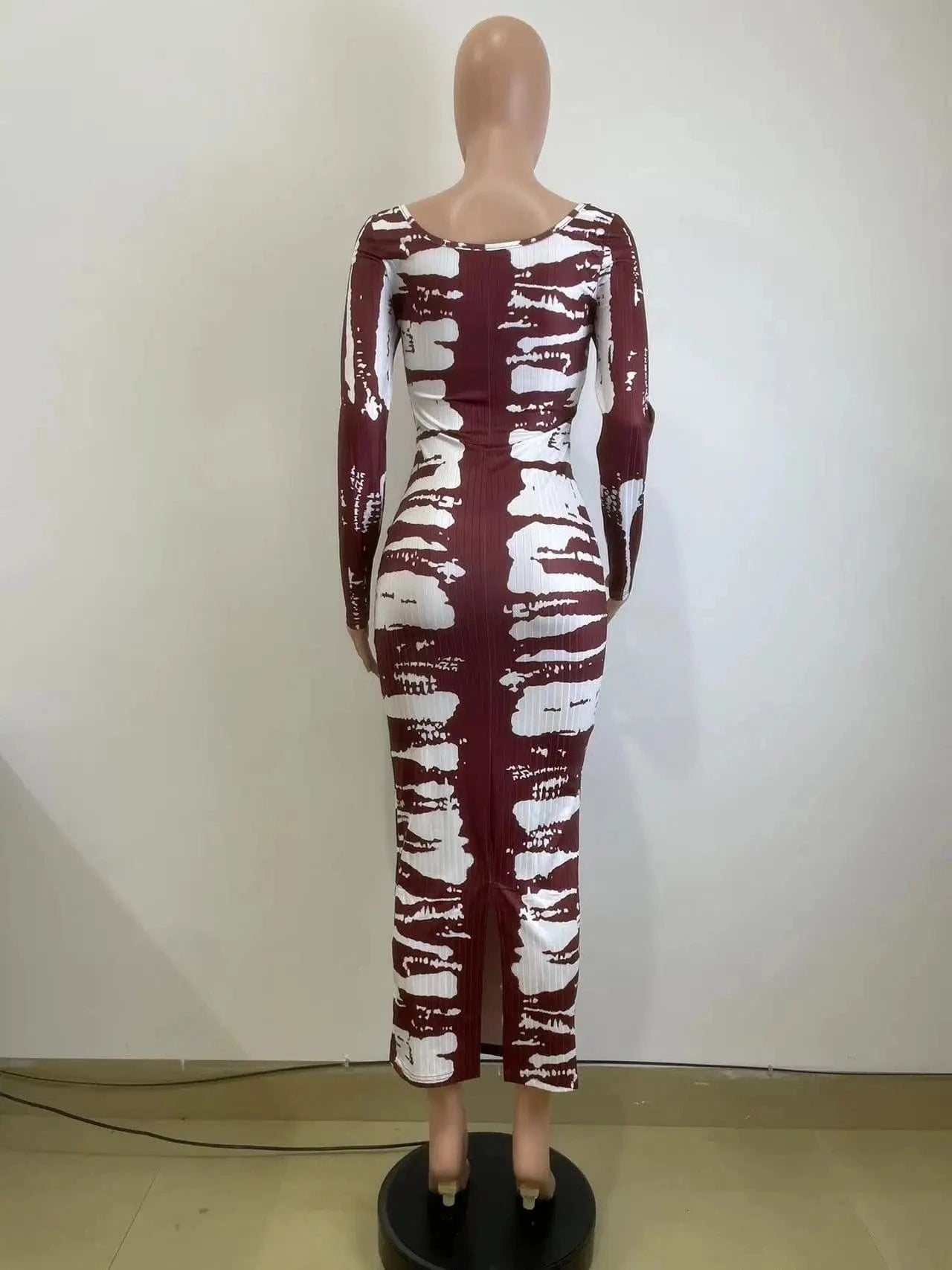 Spring 2024 Color Block Print Dress Women Boutique Clothing Fashion Long Sleeve Square Collar Ribbed Bodycon Maxi Midi Dresses