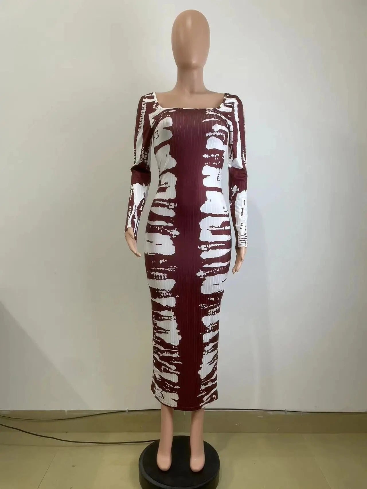 Spring 2024 Color Block Print Dress Women Boutique Clothing Fashion Long Sleeve Square Collar Ribbed Bodycon Maxi Midi Dresses