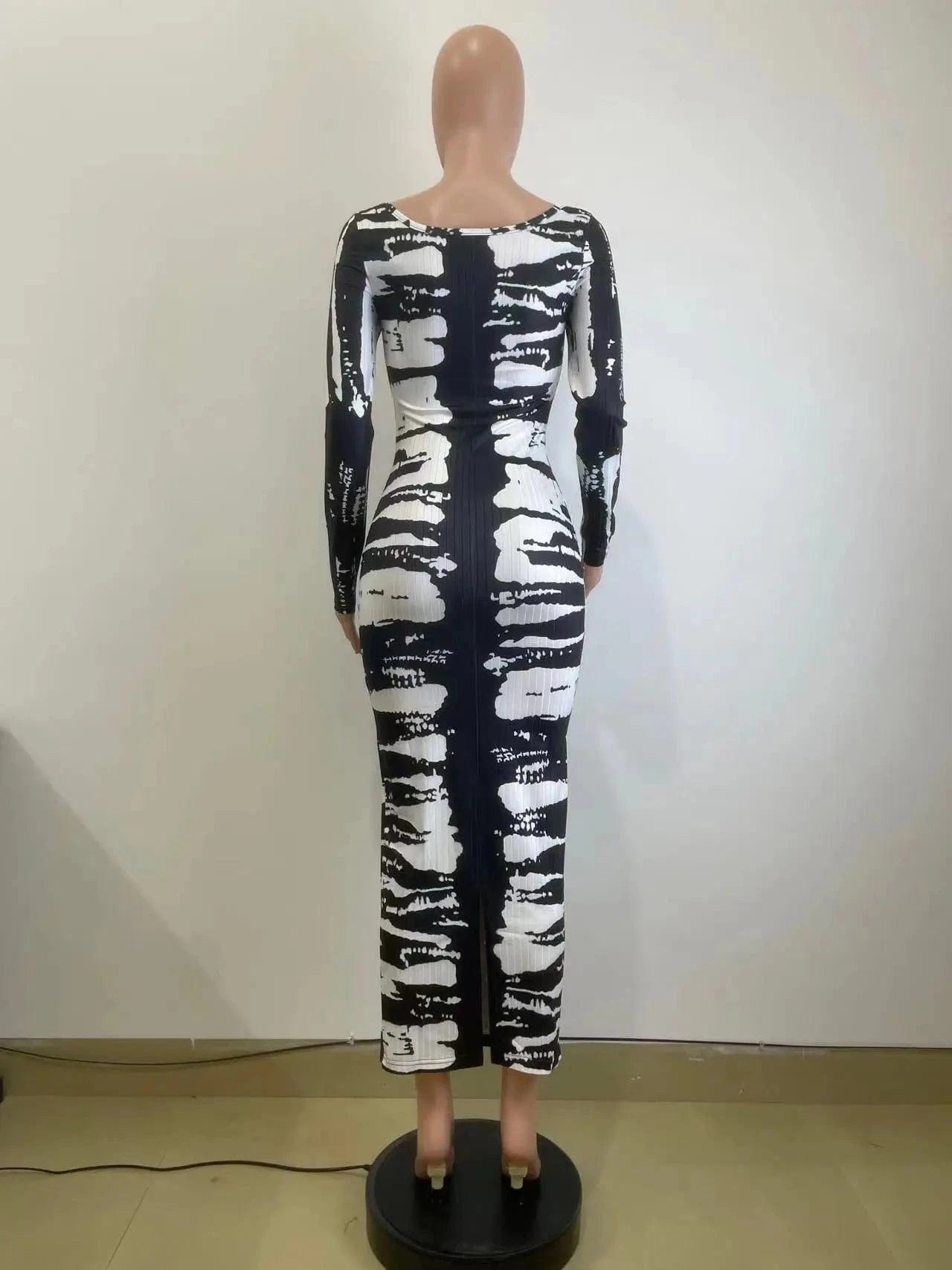 Spring 2024 Color Block Print Dress Women Boutique Clothing Fashion Long Sleeve Square Collar Ribbed Bodycon Maxi Midi Dresses