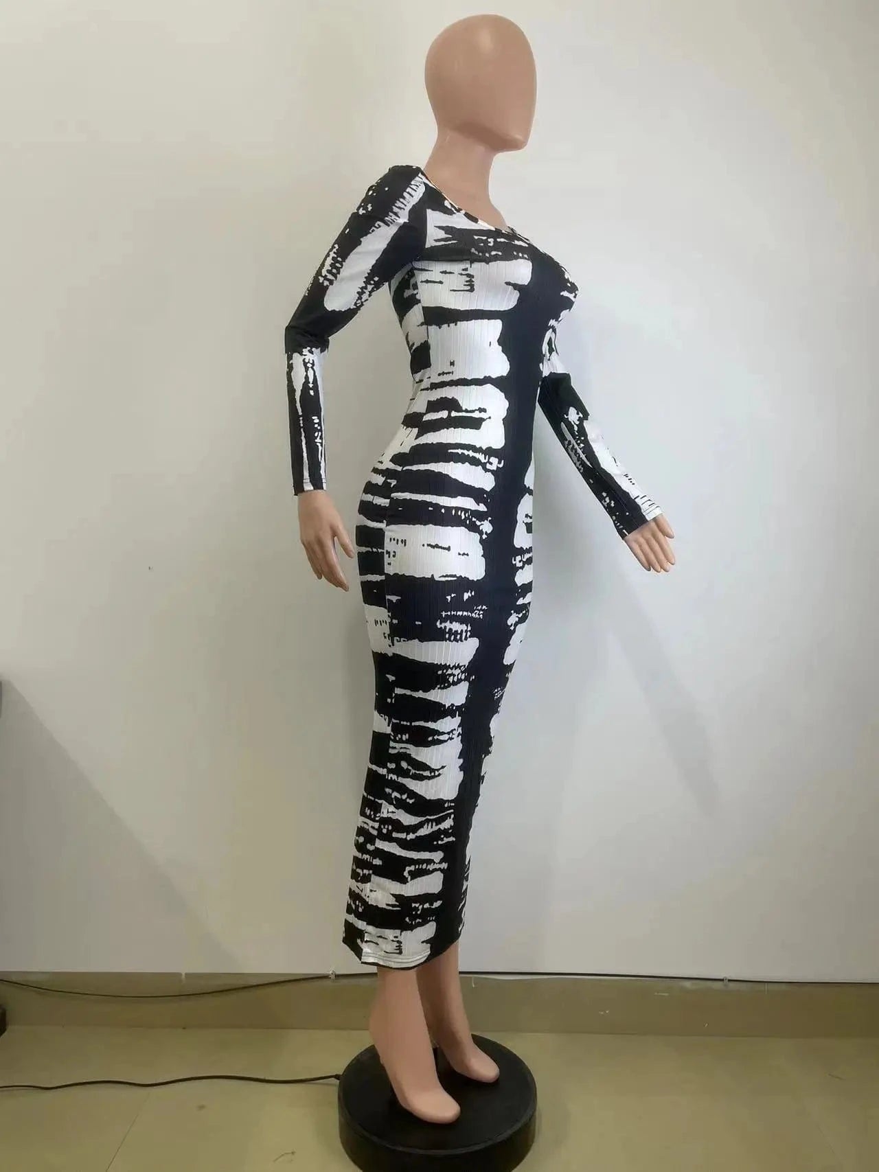 Spring 2024 Color Block Print Dress Women Boutique Clothing Fashion Long Sleeve Square Collar Ribbed Bodycon Maxi Midi Dresses
