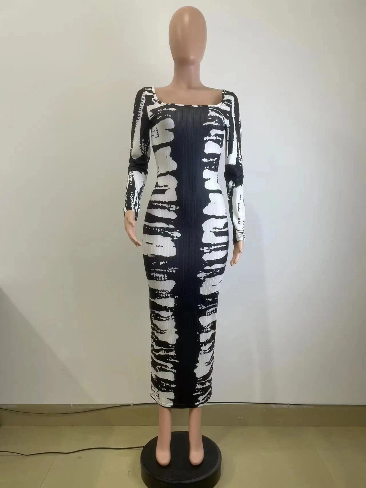 Spring 2024 Color Block Print Dress Women Boutique Clothing Fashion Long Sleeve Square Collar Ribbed Bodycon Maxi Midi Dresses