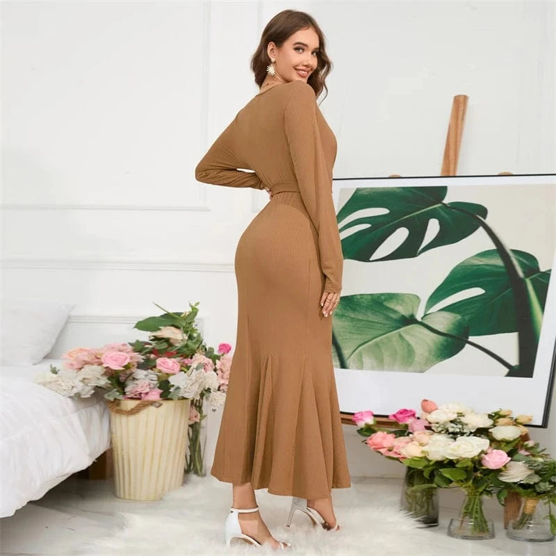 spring 2024 new arrivals luxury high quality women ladies casual elegant black long sleeves Trumpet Mermaid midi dress with belt