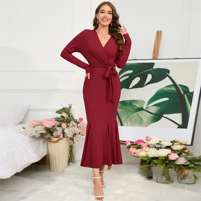 spring 2024 new arrivals luxury high quality women ladies casual elegant black long sleeves Trumpet Mermaid midi dress with belt
