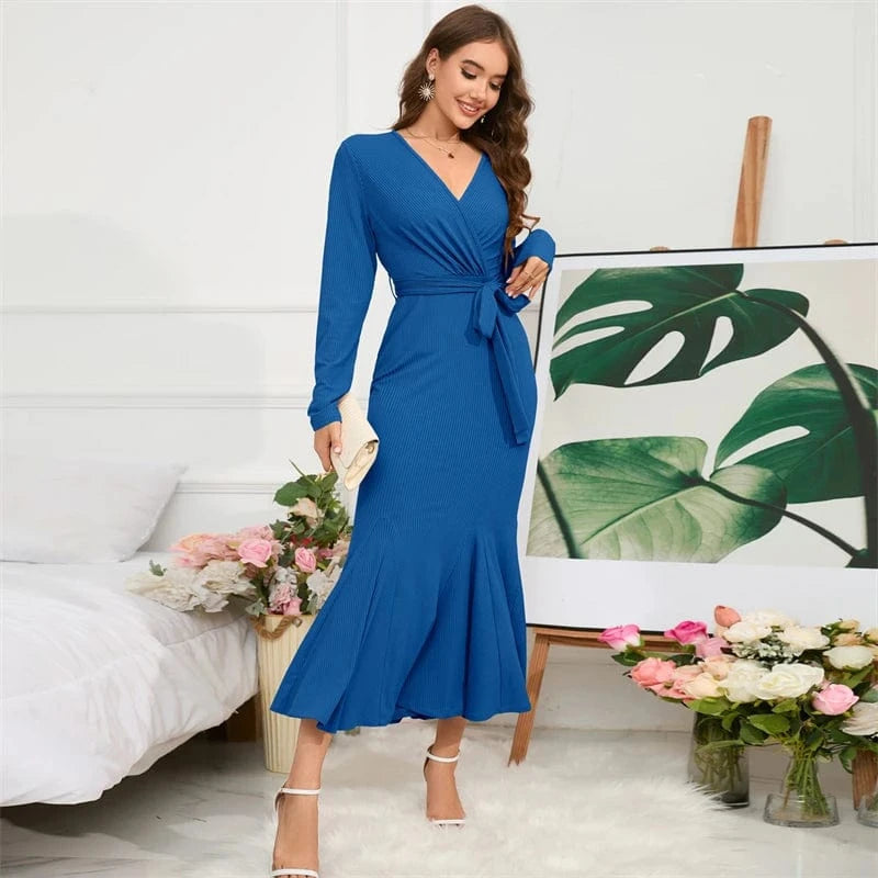 spring 2024 new arrivals luxury high quality women ladies casual elegant black long sleeves Trumpet Mermaid midi dress with belt