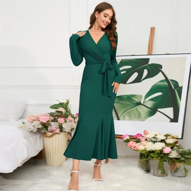spring 2024 new arrivals luxury high quality women ladies casual elegant black long sleeves Trumpet Mermaid midi dress with belt