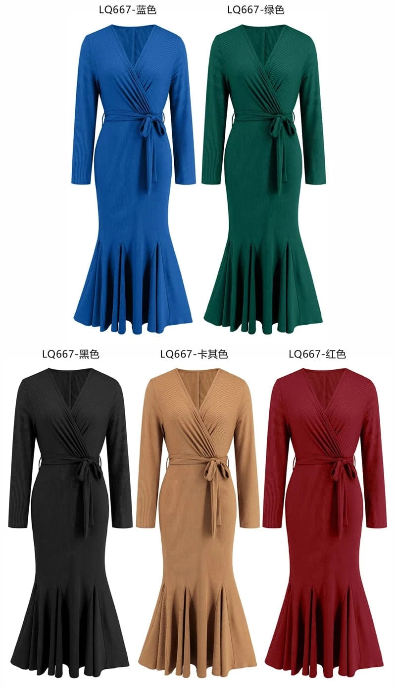 spring 2024 new arrivals luxury high quality women ladies casual elegant black long sleeves Trumpet Mermaid midi dress with belt