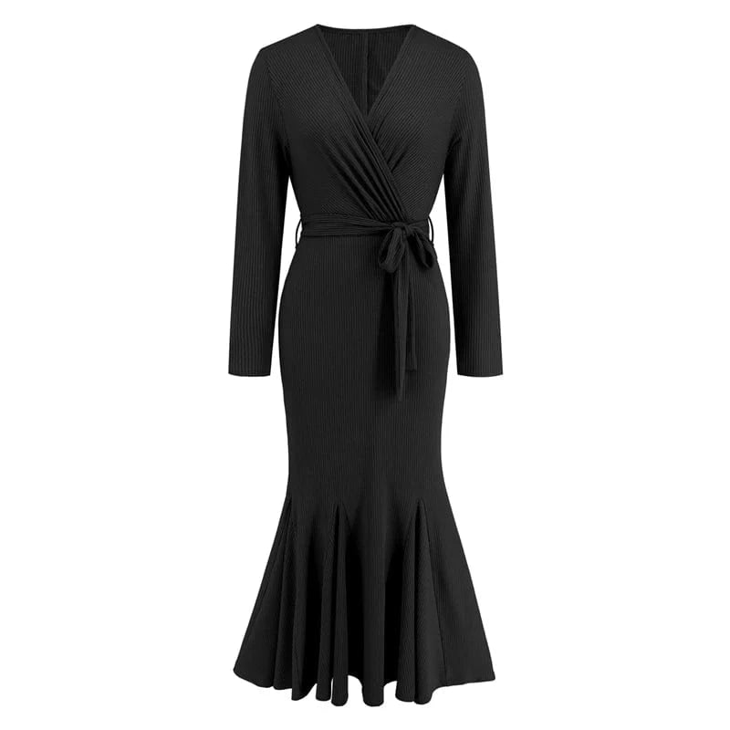 spring 2024 new arrivals luxury high quality women ladies casual elegant black long sleeves Trumpet Mermaid midi dress with belt