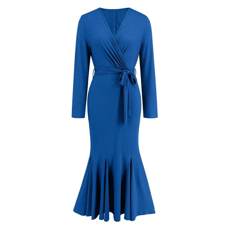spring 2024 new arrivals luxury high quality women ladies casual elegant black long sleeves Trumpet Mermaid midi dress with belt