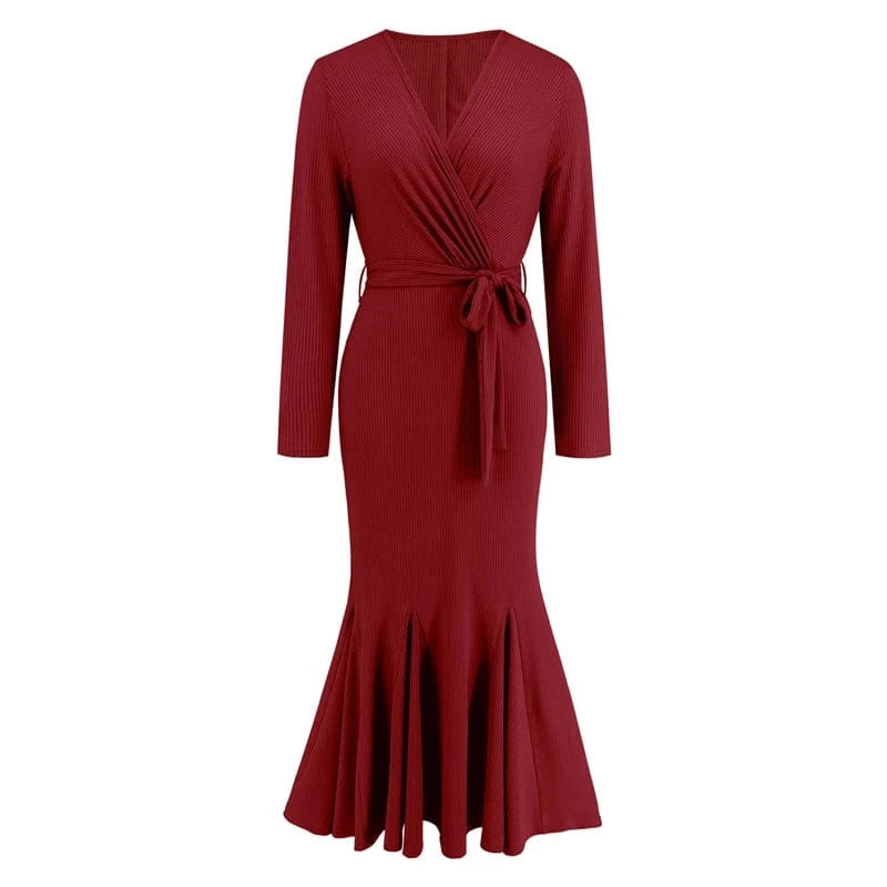 spring 2024 new arrivals luxury high quality women ladies casual elegant black long sleeves Trumpet Mermaid midi dress with belt