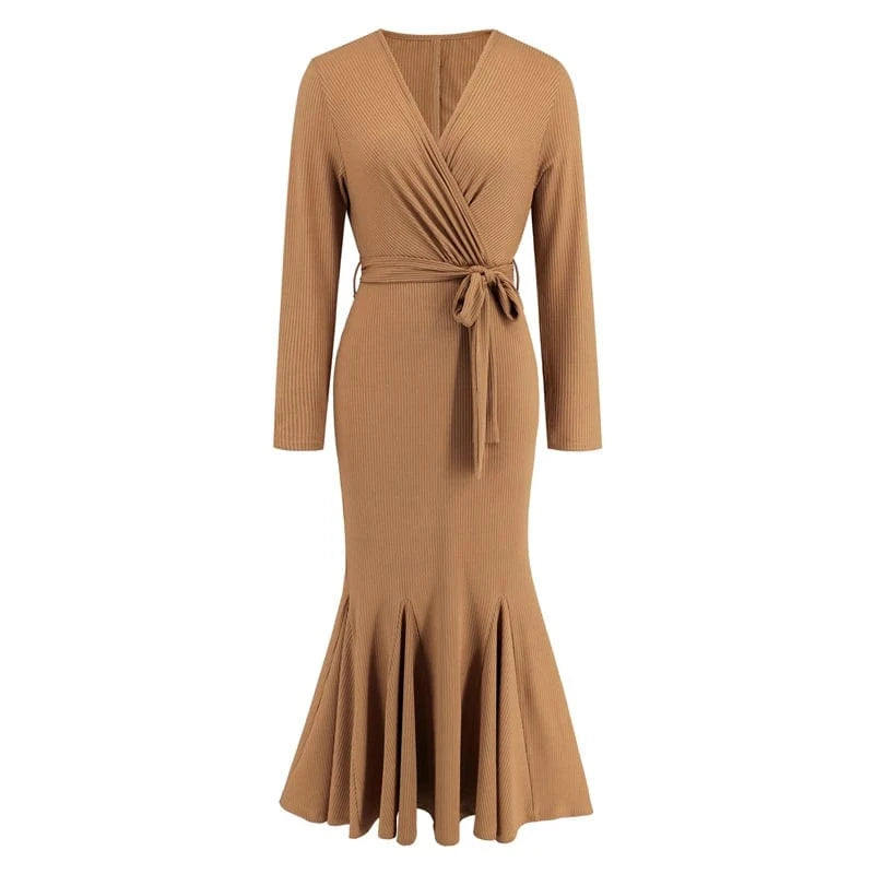 spring 2024 new arrivals luxury high quality women ladies casual elegant black long sleeves Trumpet Mermaid midi dress with belt