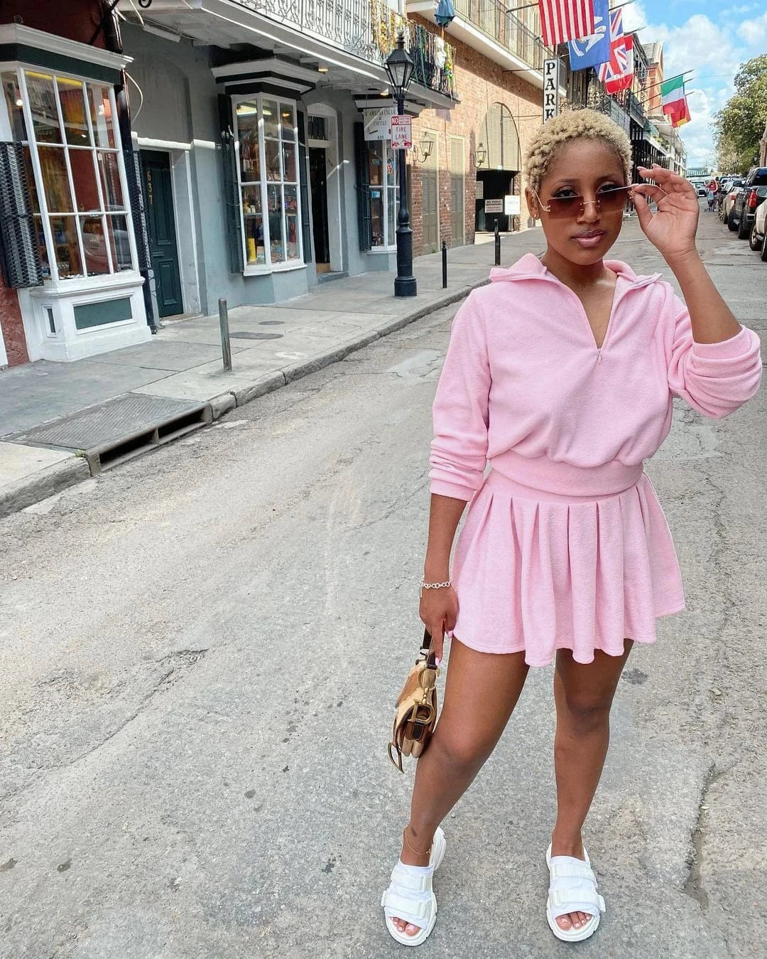 spring 2024 new arrivals women fleece pink 2 piece hoodie top pullover sweatshirt and skirt set tennis outfit for women ladies