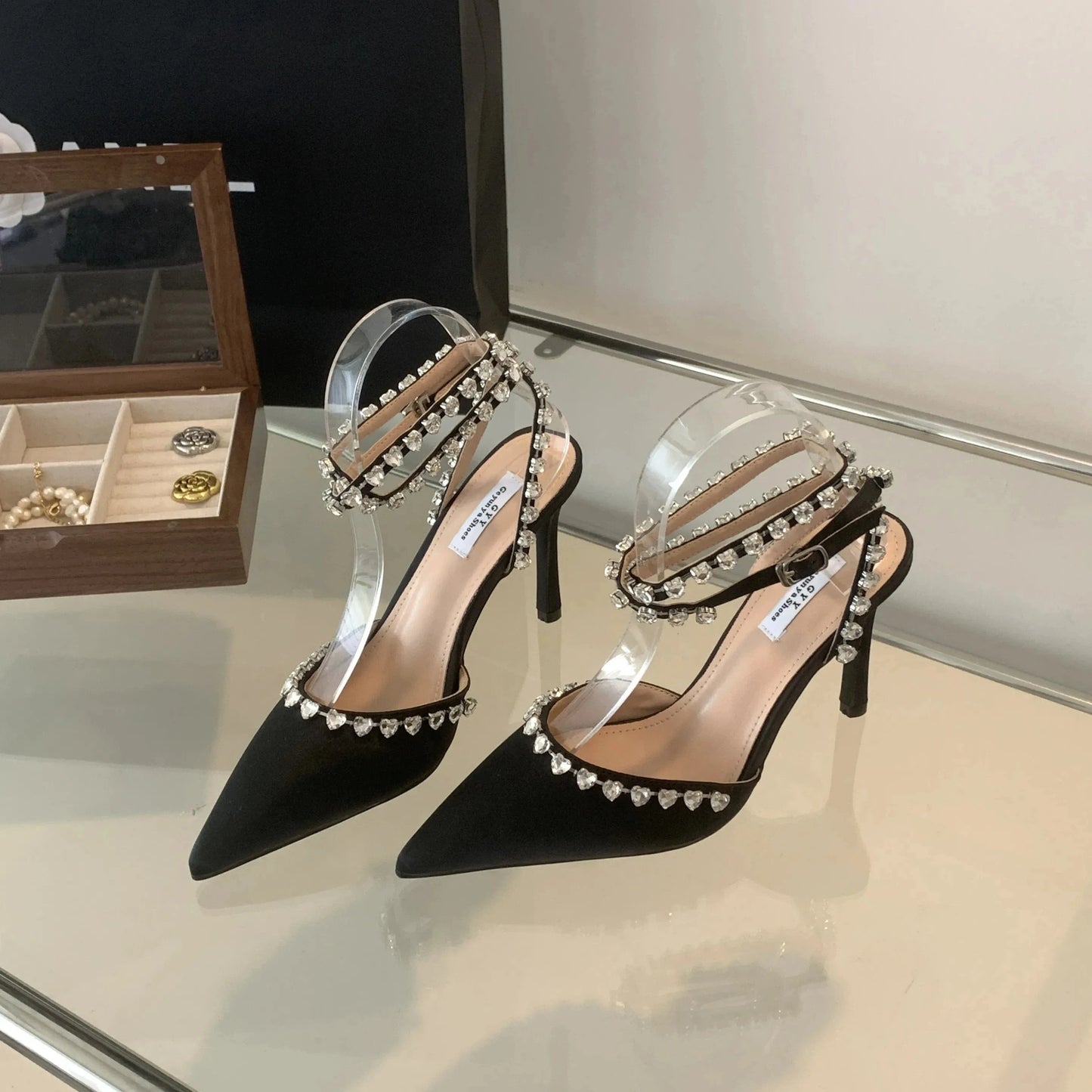 Spring 2024 New rhinestone slim high heel pointed toe banquet shoes ready stock 35-40