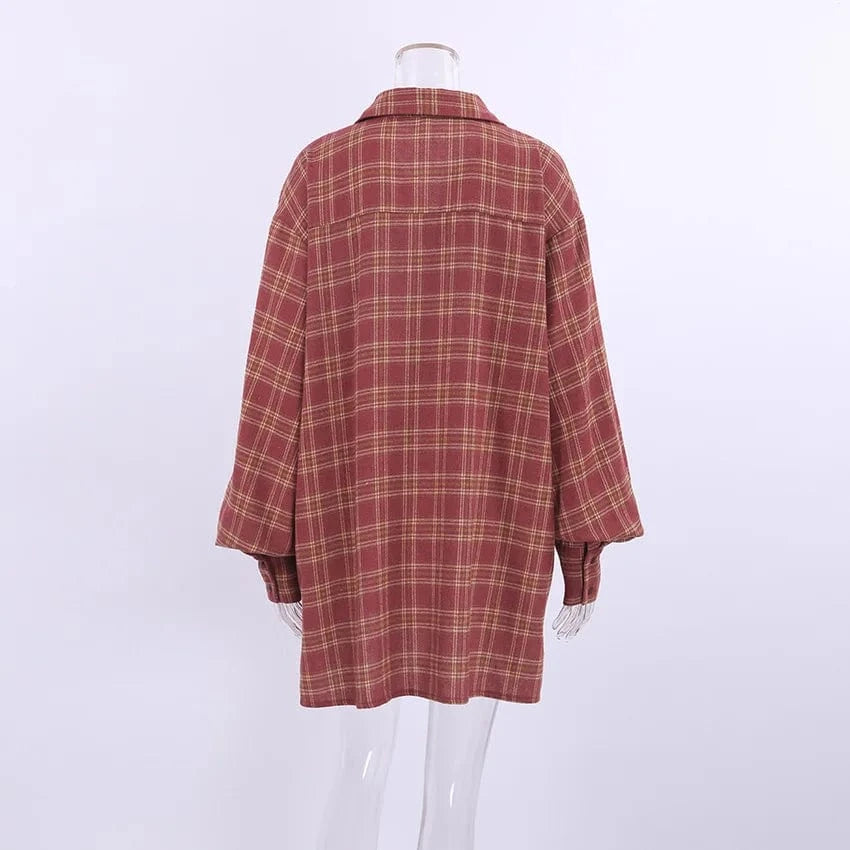 spring 2024 Retro Red Plaid Classic oversize blouse Shirt for Women's Casual Loose Long sleeved shirt jacket