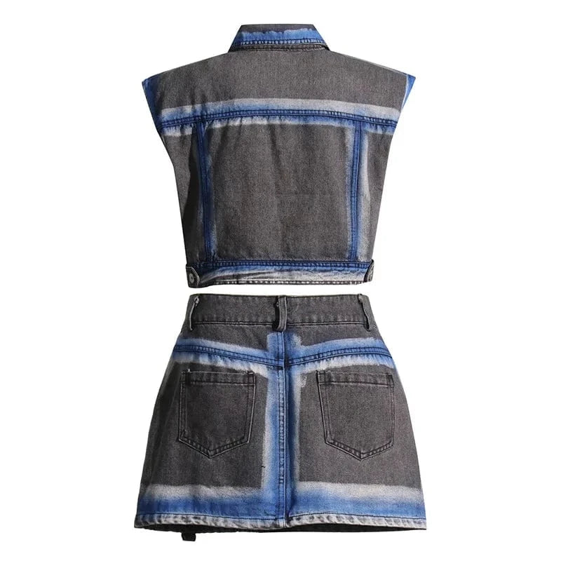 Spring 2024 Women Clothes Fashion Denim Two Piece Set Women's Denim Skirt Set Cropped Vest And Cargo Skirt Set