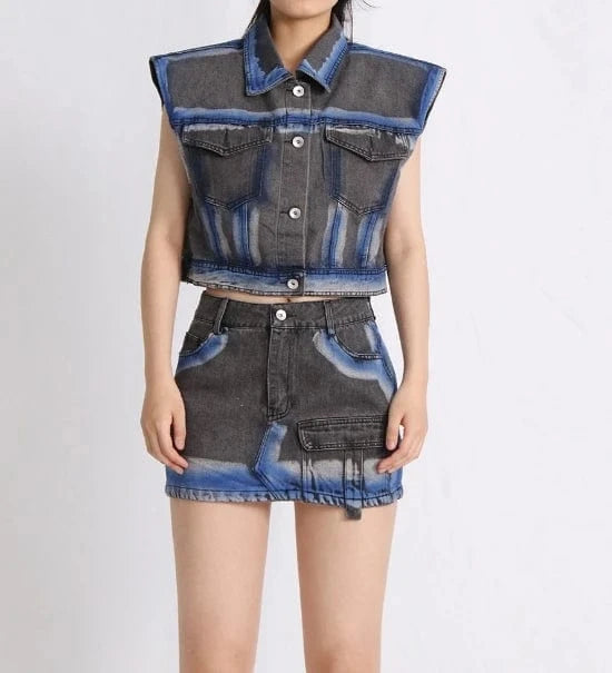 Spring 2024 Women Clothes Fashion Denim Two Piece Set Women's Denim Skirt Set Cropped Vest And Cargo Skirt Set