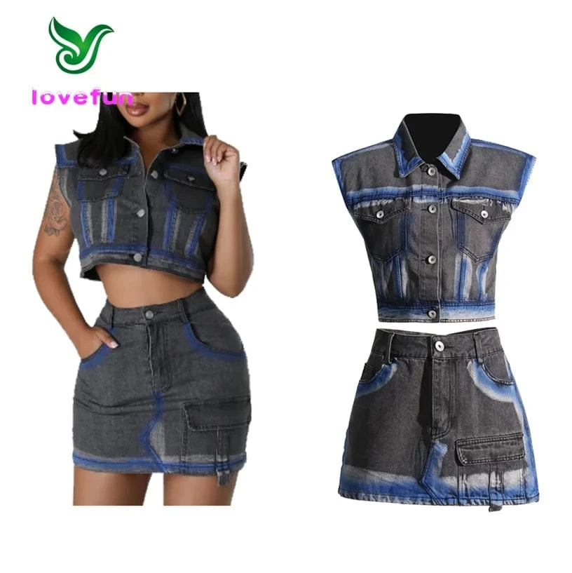 Spring 2024 Women Clothes Fashion Denim Two Piece Set Women's Denim Skirt Set Cropped Vest And Cargo Skirt Set