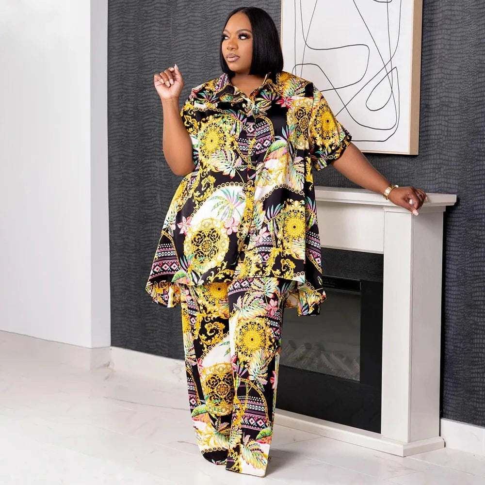 spring 2024 womens clothing plus size women's clothing short sleeve graphic print shirt set woman pants and shirt