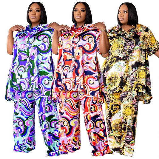 spring 2024 womens clothing plus size women's clothing short sleeve graphic print shirt set woman pants and shirt