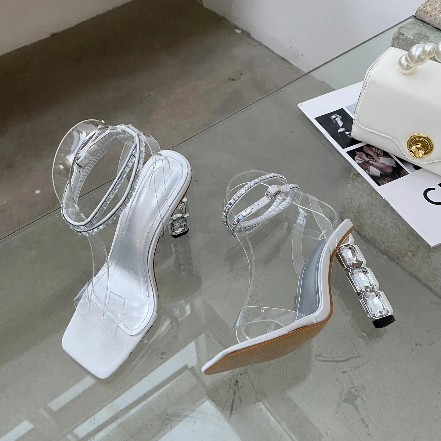 Spring and Summer 2025 new high heel rhinestone ankle tripping belt Crystal heel women's sandals