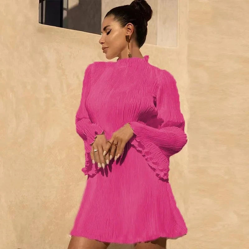 Spring Autumn 2024 New Trendy Apparel Plisse Long Flared Sleeve Sexy Ruffled Pleated Casual Women Dress