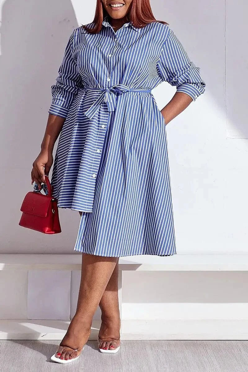 Spring autumn casual women's clothing elegant lapel neck button down dress with stripe