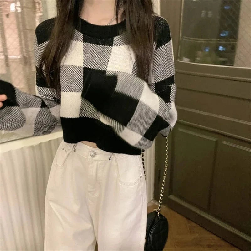 Spring autumn fashion ladies new arrival round neck high-quality simple plaid jacquard long sleeve solid color pullover sweater