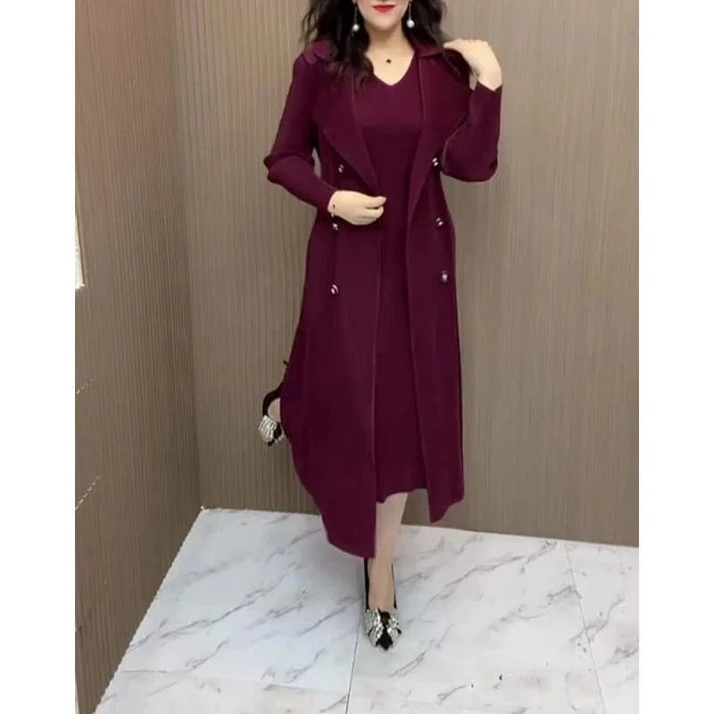 Spring Autumn Fashion Slim Pleated Suit Collar Fake Two Piece Windbreaker Coat Comfortable Waist Shrinking Elastic Dress Belt