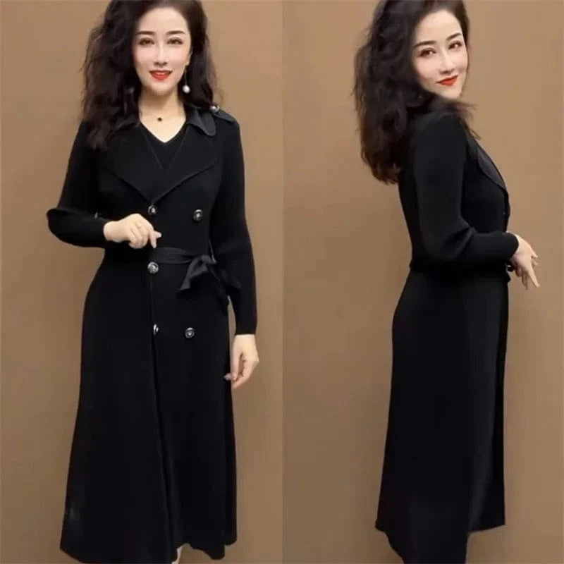 Spring Autumn Fashion Slim Pleated Suit Collar Fake Two Piece Windbreaker Coat Comfortable Waist Shrinking Elastic Dress Belt
