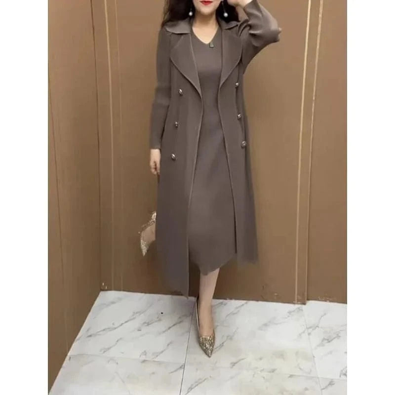 Spring Autumn Fashion Slim Pleated Suit Collar Fake Two Piece Windbreaker Coat Comfortable Waist Shrinking Elastic Dress Belt