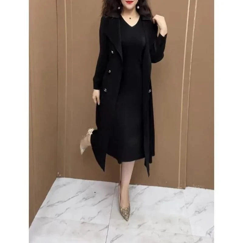 Spring Autumn Fashion Slim Pleated Suit Collar Fake Two Piece Windbreaker Coat Comfortable Waist Shrinking Elastic Dress Belt