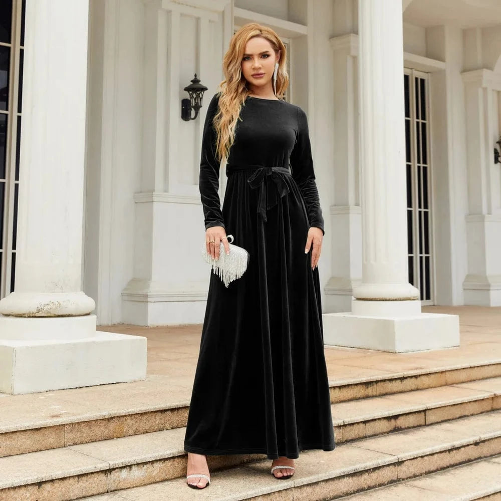 Spring Autumn Hot Sale Velvet Full Sleeve Back Zipper Women Long Casual Dresses Belt Temperament Dress