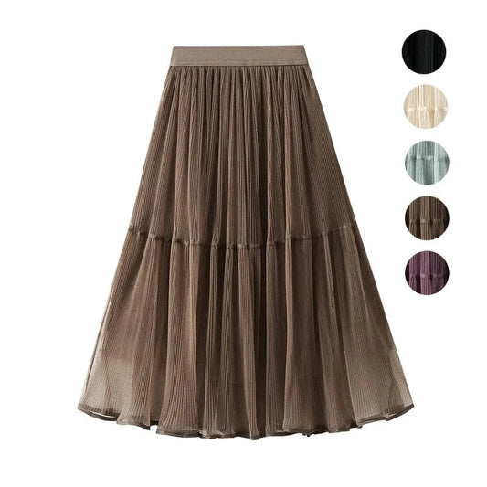 Spring Autumn Mesh Pleated Skirts Ladies Elegant Casual Korean Fashion Mid-Length Slim Long Skirt Women Patchwork Black Faldas