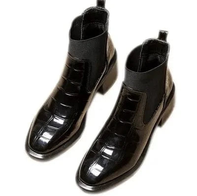 Spring Autumn Thick Heel Women Short Boots Fashion Chelsea Boots British Style Patent Leather Stripe Female Boots