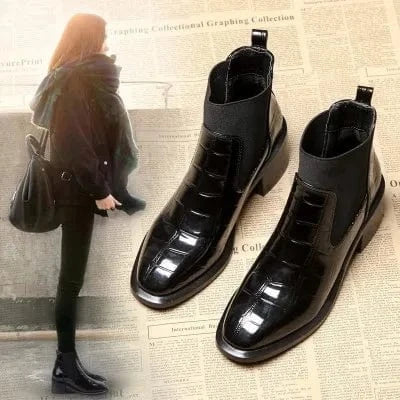 Spring Autumn Thick Heel Women Short Boots Fashion Chelsea Boots British Style Patent Leather Stripe Female Boots