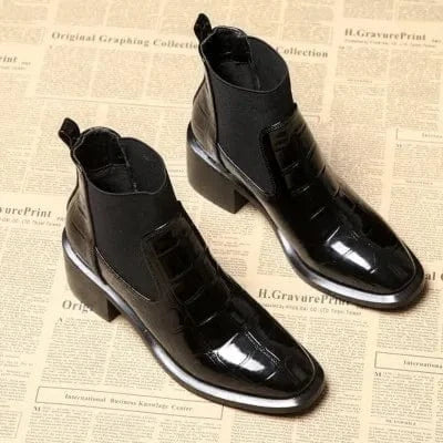 Spring Autumn Thick Heel Women Short Boots Fashion Chelsea Boots British Style Patent Leather Stripe Female Boots