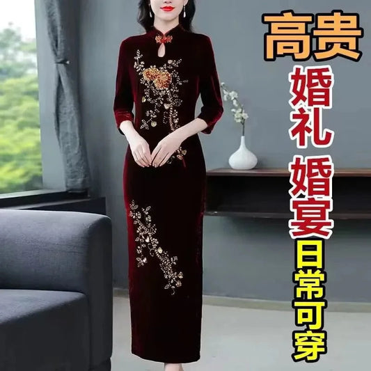 Spring Autumn Women New Embroidered Gold Velvet Cheongsam High-end Temperament Fashionable Wedding Dress Slim Bag Hip Slit Skirt