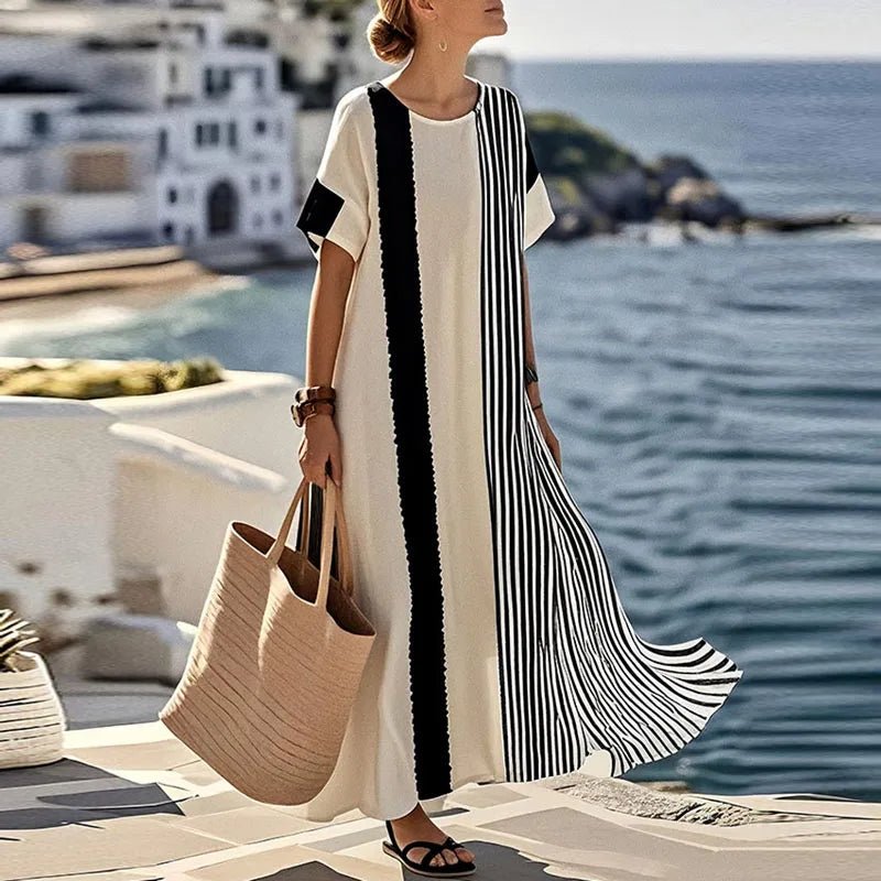 Spring Elegant Crew Neck Holiday Beach Dress Woman Chic Contrast Color Patchwork Long Dress Summer Short Sleeve Split Boho Dress - SN Wigs & More