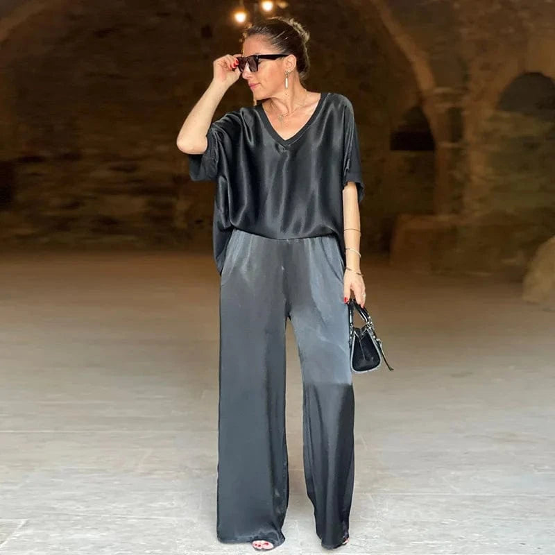 Spring fall new ladies clothing women elegant temperament loose casual t shirt top wide leg pants fashion two piece women's sets