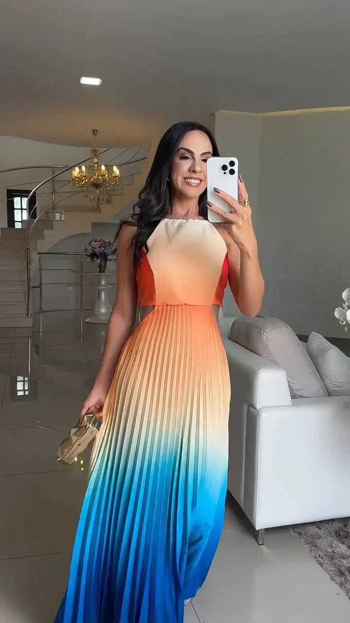 Spring Gradient Print Pleated Dresses Woman 2025 New Halter Tie-up Backless Long Dress Summer Sleeveless Hollow Party Dress