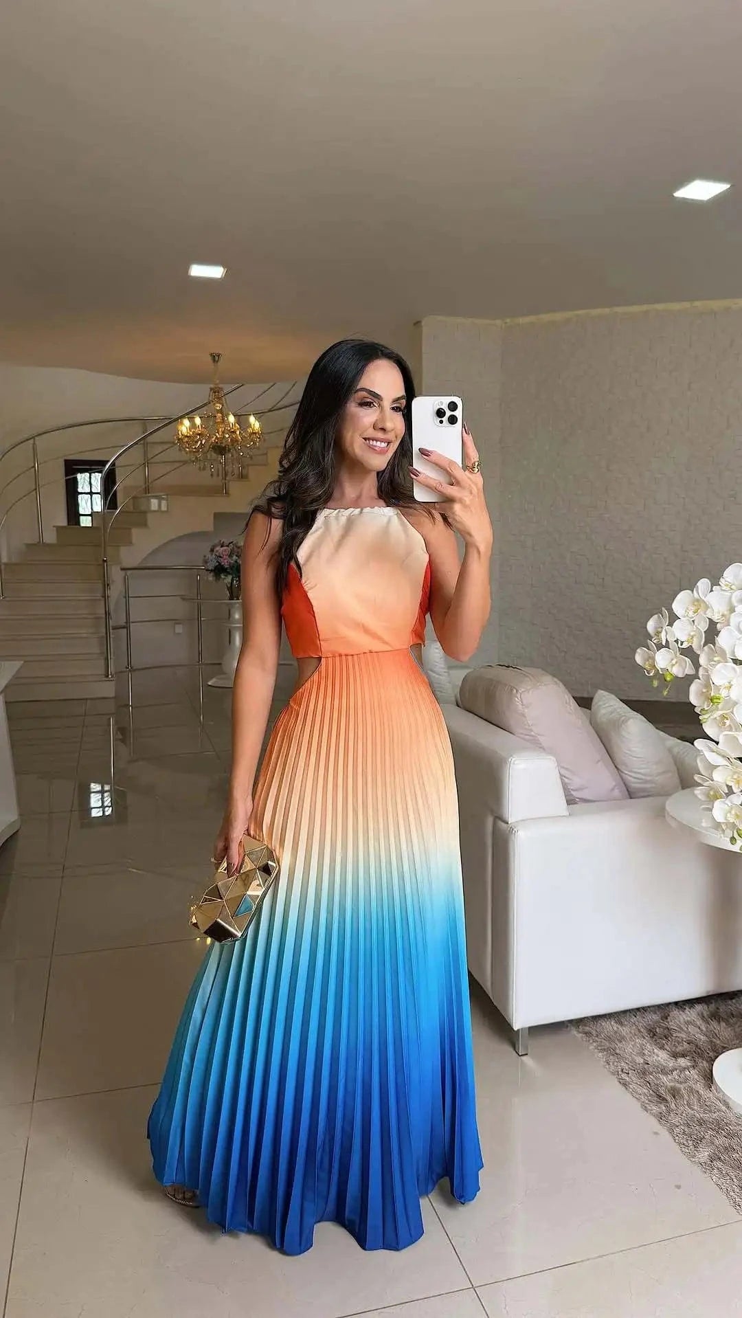 Spring Gradient Print Pleated Dresses Woman 2025 New Halter Tie-up Backless Long Dress Summer Sleeveless Hollow Party Dress