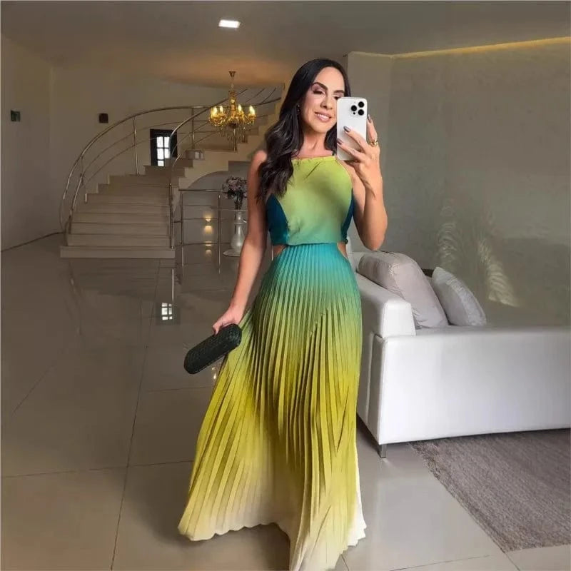 Spring Gradient Print Pleated Dresses Woman 2025 New Halter Tie-up Backless Long Dress Summer Sleeveless Hollow Party Dress