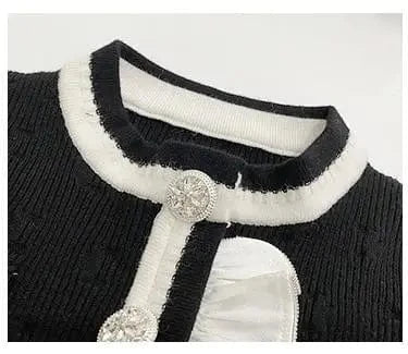 Spring Lady Fashion Fine Workmanship Ruffles Suit Long Sleeve Single-breasted Knit Cardigan Mini Skirt Women Colorblock 2Pcs